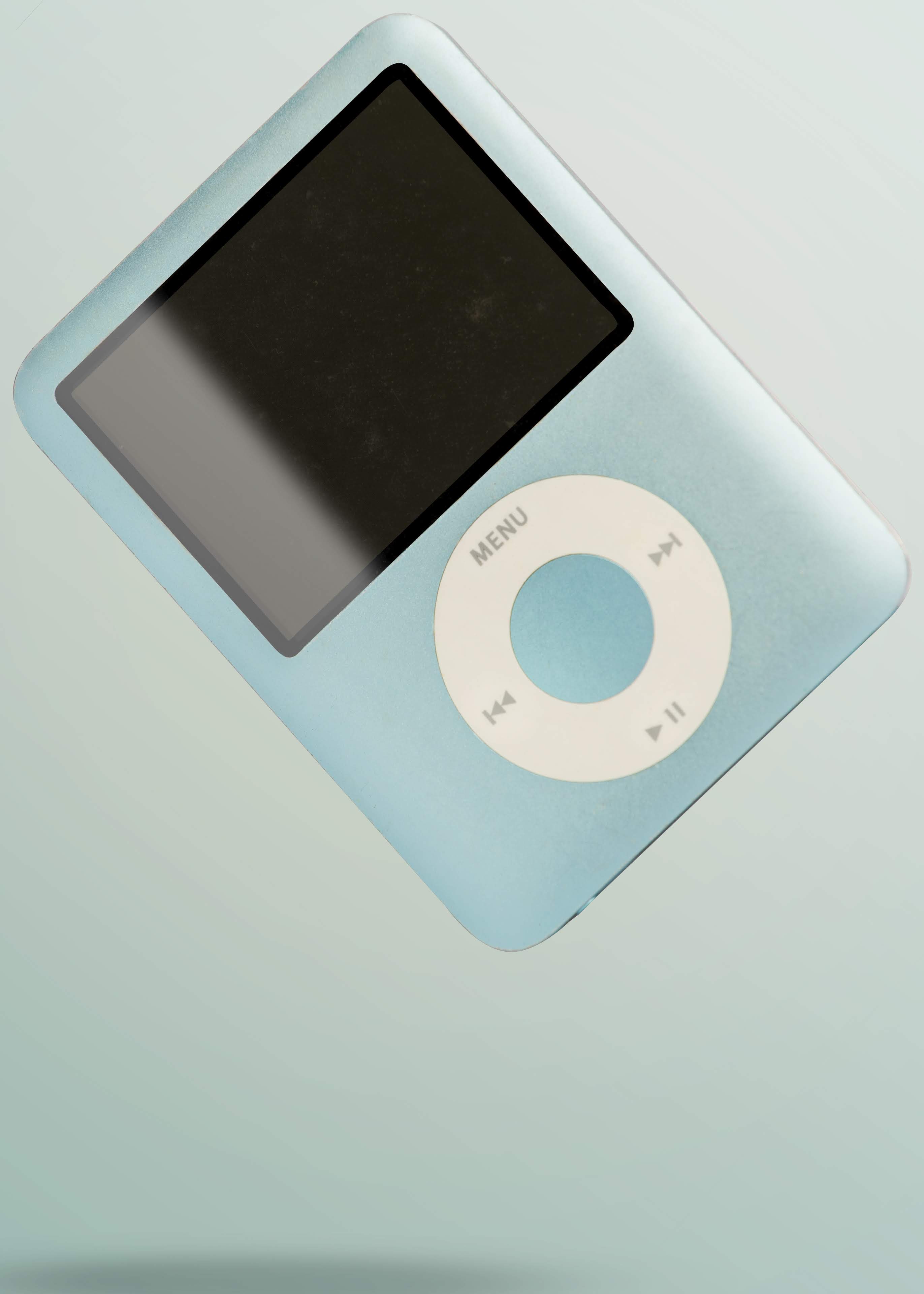 Light blue iPod Nano floating against pastel studio background